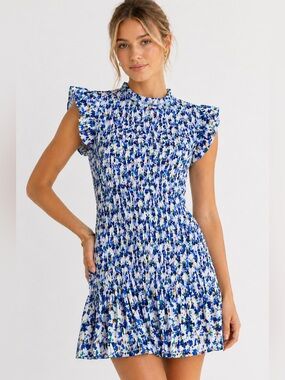 Veronica Beard Blue Floral Smocked Mini Dress Ruffle Sleeve Tiered Cotton Size 2
